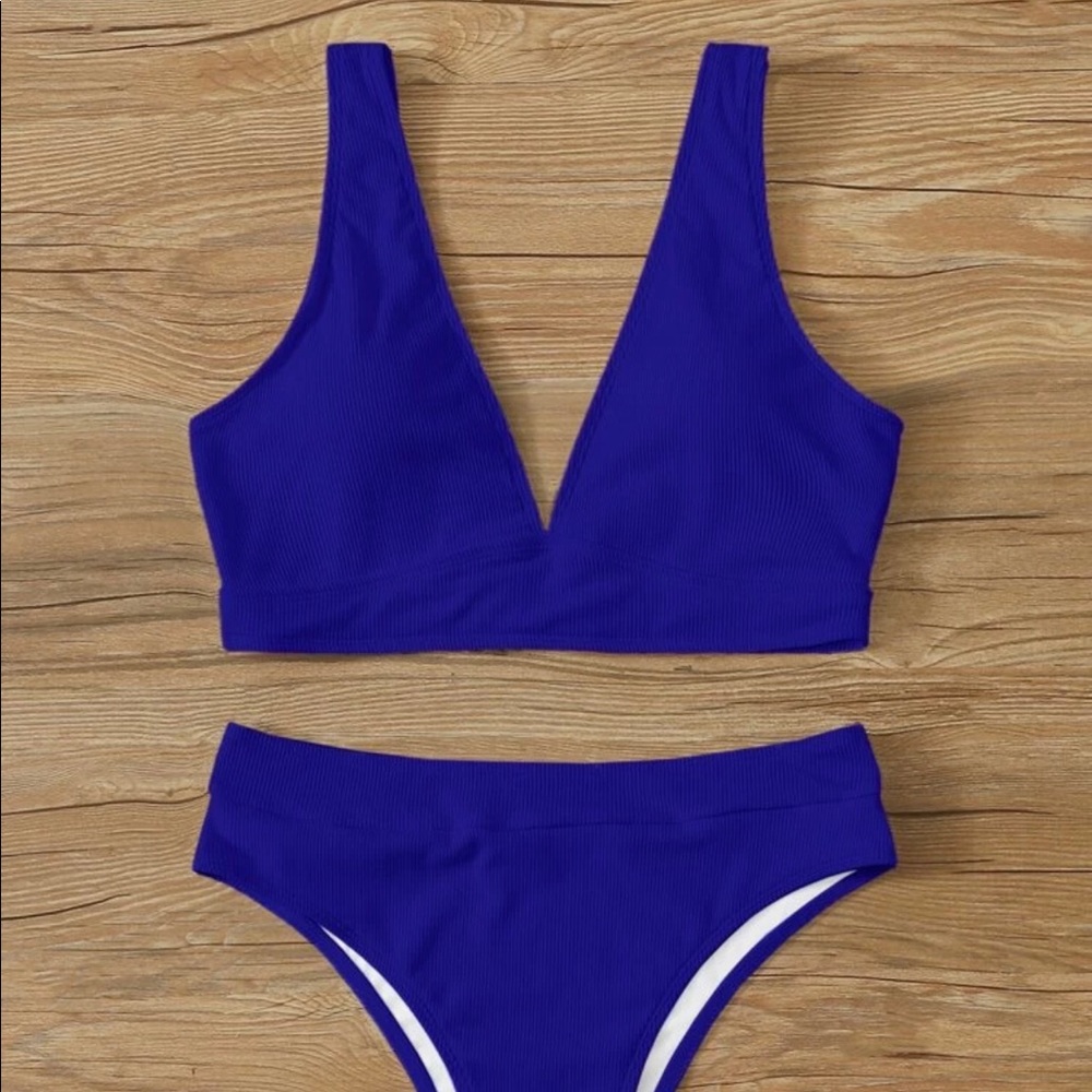 NEW Royal Blue Ribbed V Neck Bikini Swimsuit